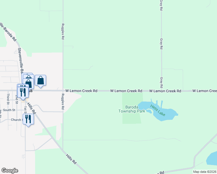 map of restaurants, bars, coffee shops, grocery stores, and more near 801 West Lemon Creek Road in Baroda