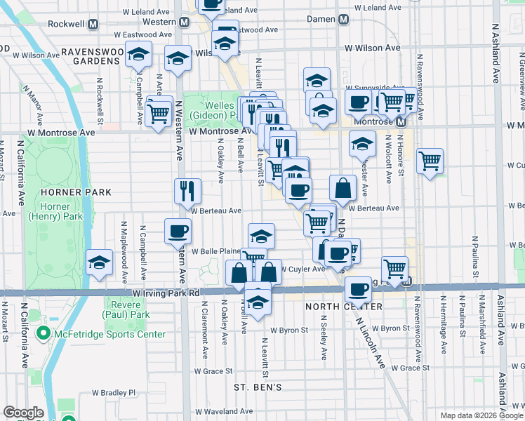 map of restaurants, bars, coffee shops, grocery stores, and more near W Berteau Ave & N Leavitt St in Chicago