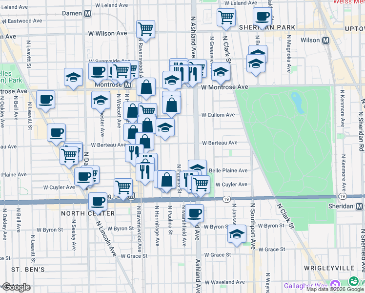 map of restaurants, bars, coffee shops, grocery stores, and more near 4157 North Paulina Street in Chicago
