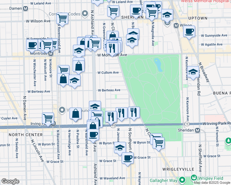 map of restaurants, bars, coffee shops, grocery stores, and more near 1445 West Berteau Avenue in Chicago