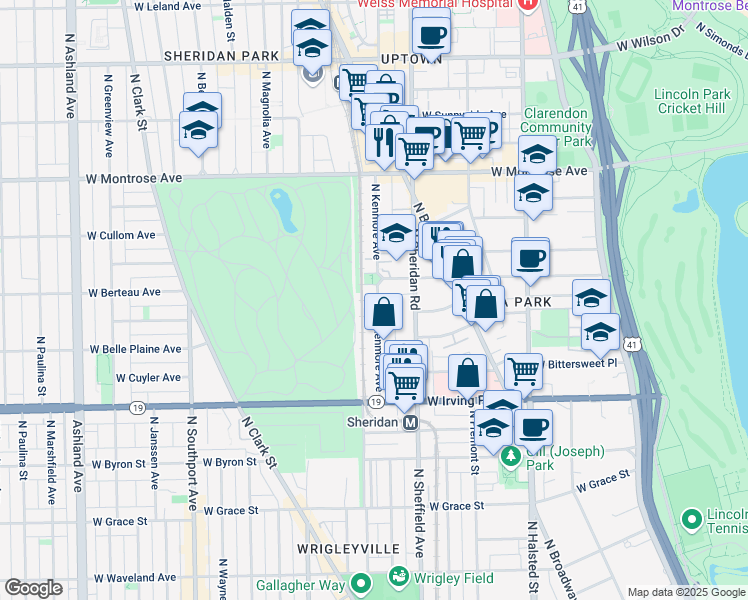 map of restaurants, bars, coffee shops, grocery stores, and more near 4142 North Kenmore Avenue in Chicago