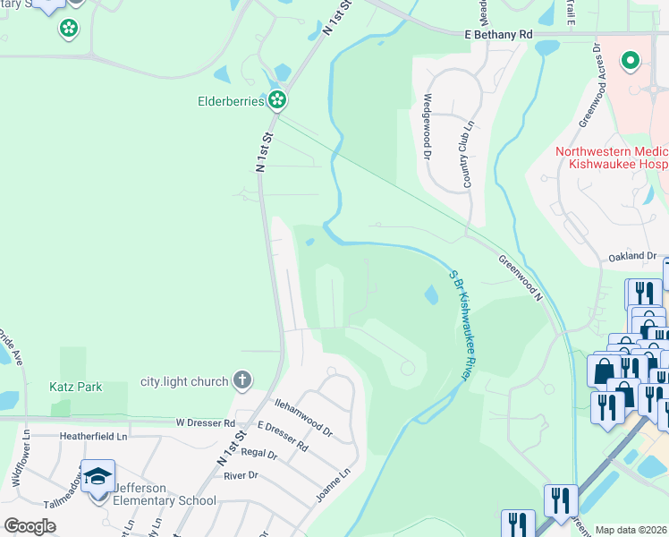 map of restaurants, bars, coffee shops, grocery stores, and more near 16 Cari Court in DeKalb