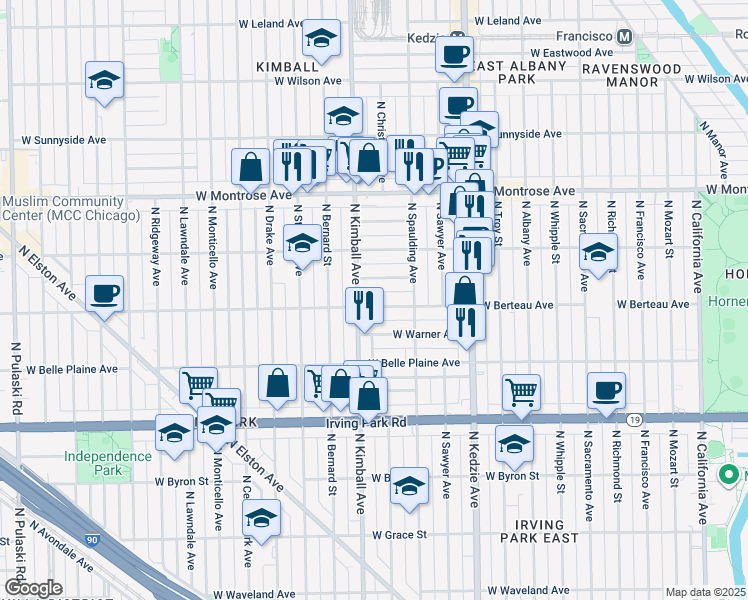 map of restaurants, bars, coffee shops, grocery stores, and more near 3349 West Hutchinson Street in Chicago