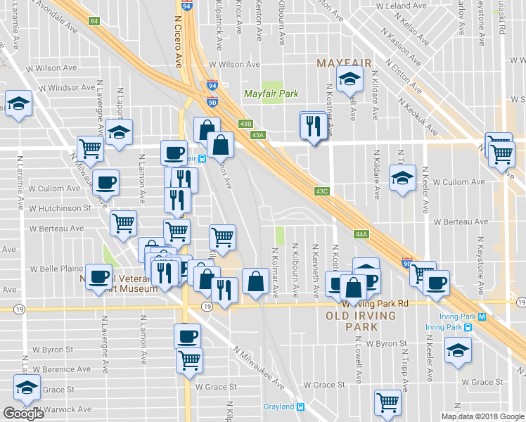 map of restaurants, bars, coffee shops, grocery stores, and more near 4552 West Hutchinson Street in Chicago