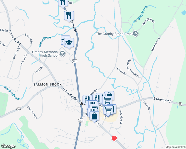 map of restaurants, bars, coffee shops, grocery stores, and more near 280 Salmon Brook Street in Granby