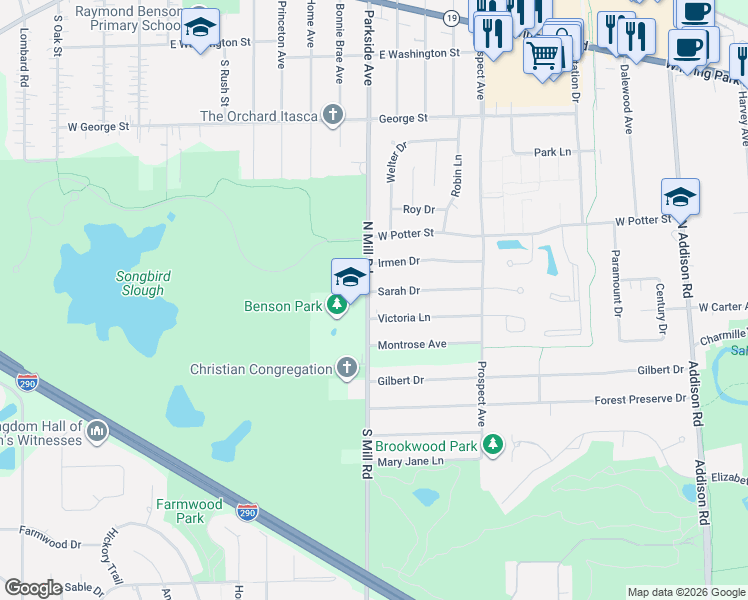 map of restaurants, bars, coffee shops, grocery stores, and more near 634 Sarah Drive in Wood Dale