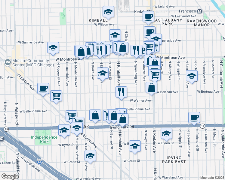 map of restaurants, bars, coffee shops, grocery stores, and more near 4205 North Bernard Street in Chicago