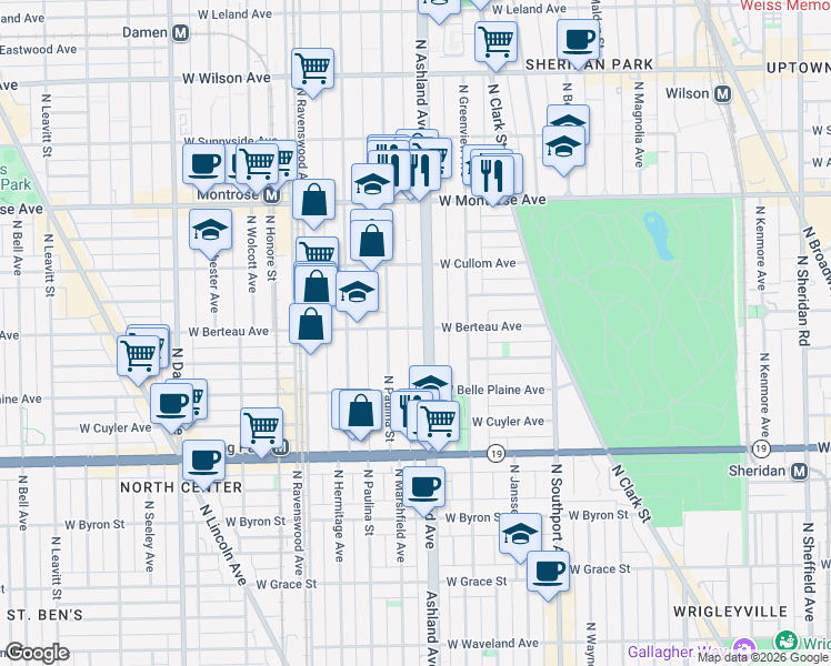 map of restaurants, bars, coffee shops, grocery stores, and more near 1604 West Berteau Avenue in Chicago