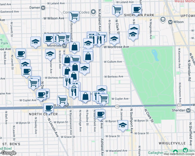map of restaurants, bars, coffee shops, grocery stores, and more near 4157 North Paulina Street in Chicago