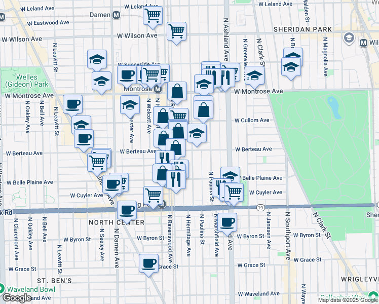 map of restaurants, bars, coffee shops, grocery stores, and more near 1751 West Berteau Avenue in Chicago