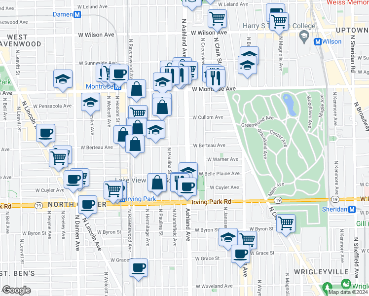 map of restaurants, bars, coffee shops, grocery stores, and more near 1601 West Berteau Avenue in Chicago