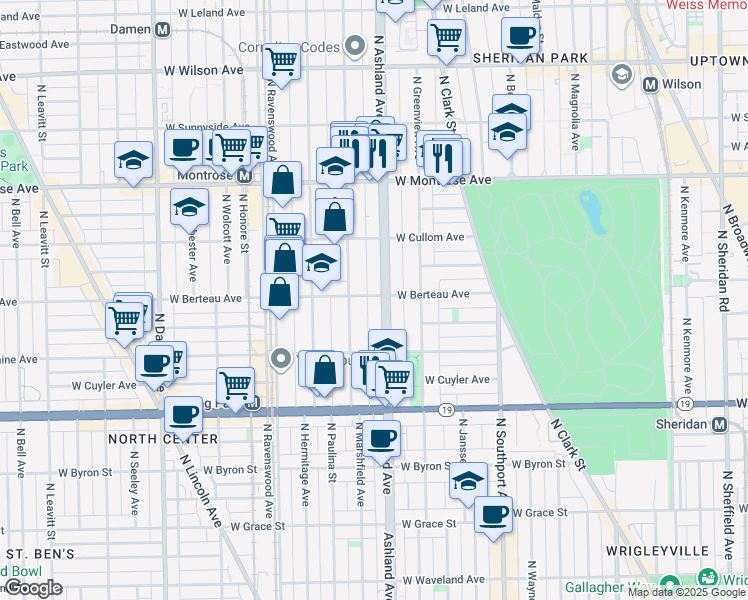 map of restaurants, bars, coffee shops, grocery stores, and more near 1604 West Berteau Avenue in Chicago