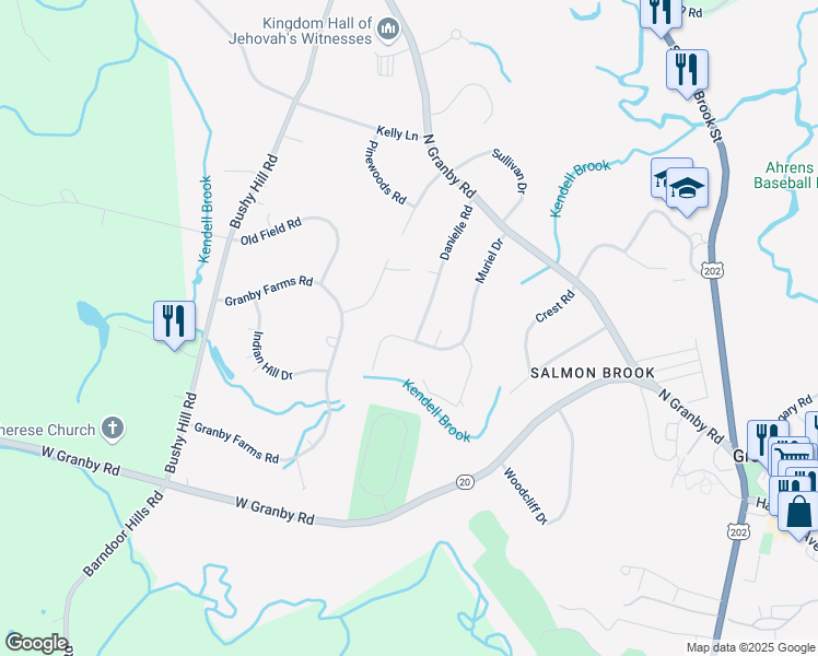 map of restaurants, bars, coffee shops, grocery stores, and more near 18 Danielle Road in Granby