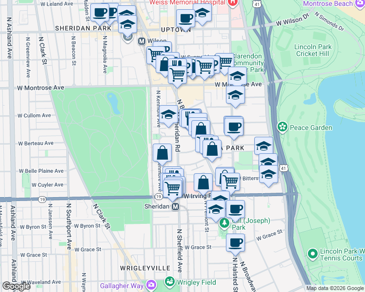 map of restaurants, bars, coffee shops, grocery stores, and more near 4151 North Sheridan Road in Chicago