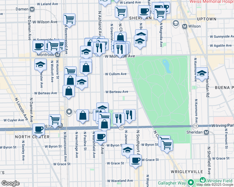 map of restaurants, bars, coffee shops, grocery stores, and more near 4159 North Greenview Avenue in Chicago