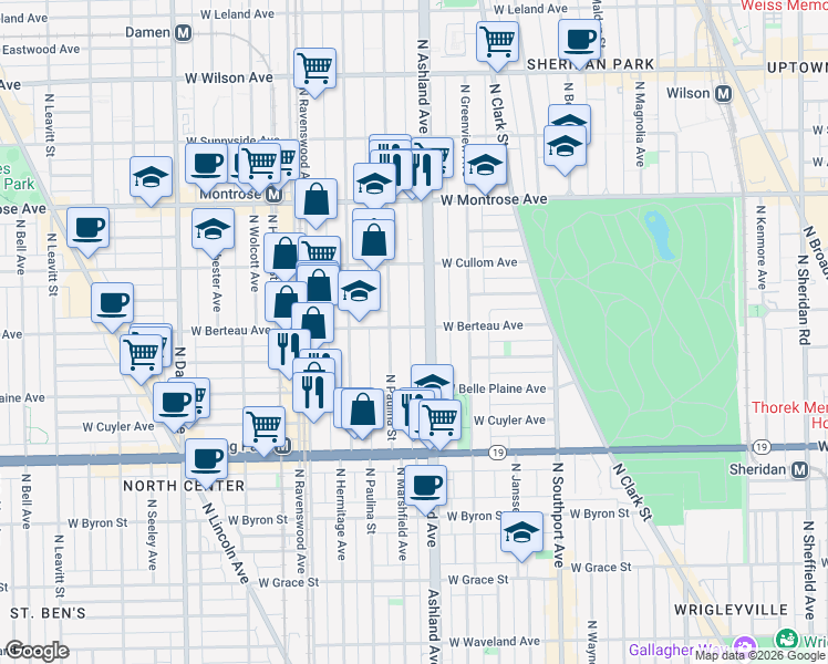 map of restaurants, bars, coffee shops, grocery stores, and more near 4157 North Paulina Street in Chicago