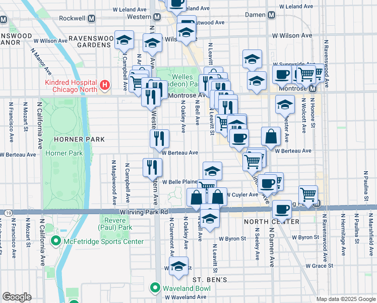 map of restaurants, bars, coffee shops, grocery stores, and more near 4206 North Bell Avenue in Chicago
