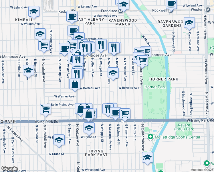 map of restaurants, bars, coffee shops, grocery stores, and more near 4210 North Sacramento Avenue in Chicago