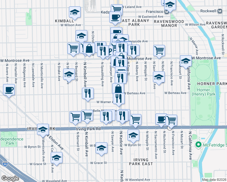 map of restaurants, bars, coffee shops, grocery stores, and more near 4210 North Sawyer Avenue in Chicago