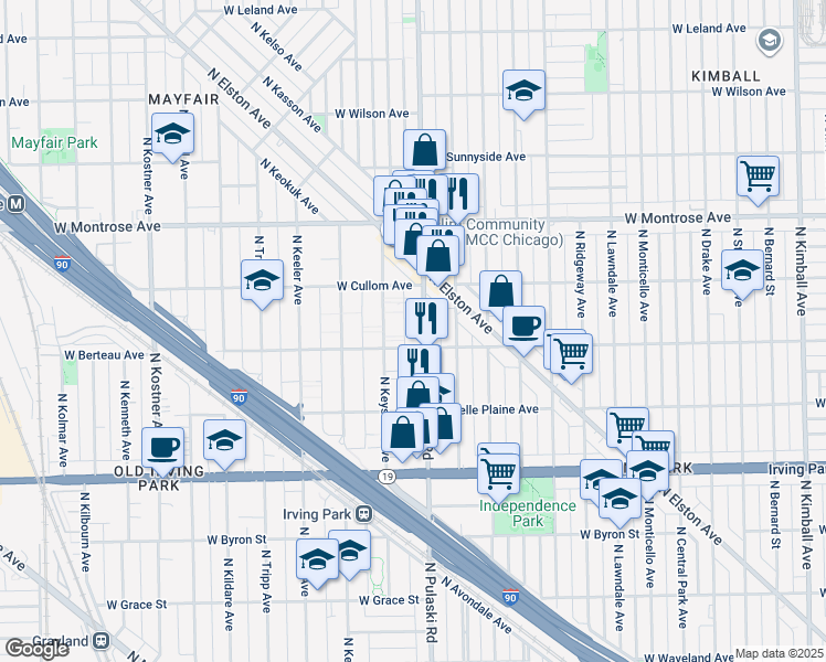 map of restaurants, bars, coffee shops, grocery stores, and more near 4223 North Pulaski Road in Chicago