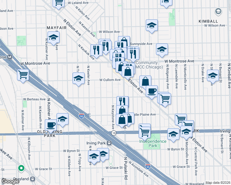 map of restaurants, bars, coffee shops, grocery stores, and more near 4219 North Keystone Avenue in Chicago