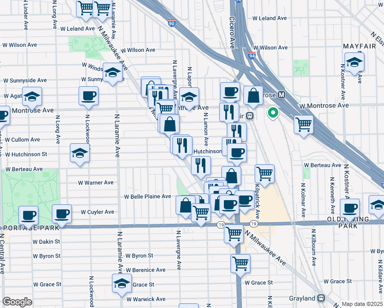 map of restaurants, bars, coffee shops, grocery stores, and more near 4940 West Hutchinson Street in Chicago