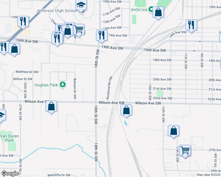 map of restaurants, bars, coffee shops, grocery stores, and more near 2121 Rockford Road Southwest in Cedar Rapids
