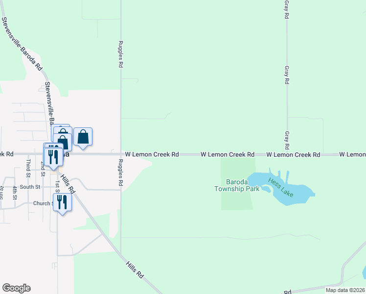 map of restaurants, bars, coffee shops, grocery stores, and more near 1001 West Lemon Creek Road in Baroda