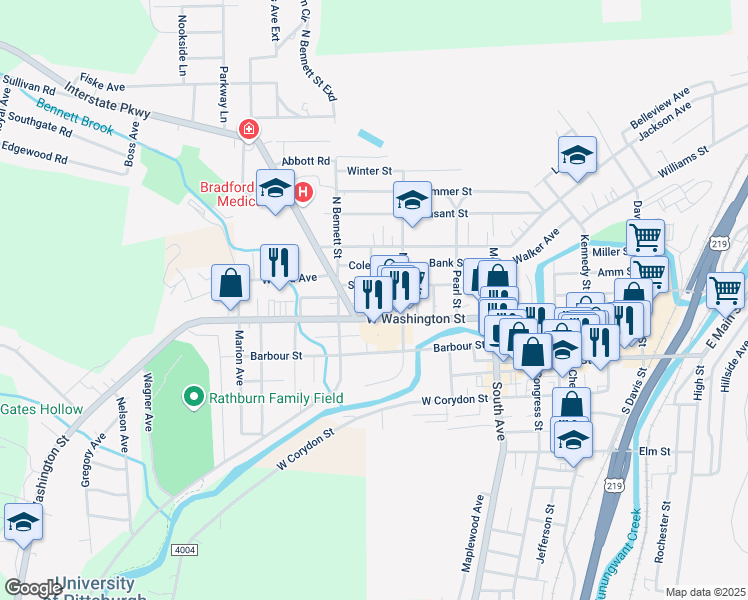 map of restaurants, bars, coffee shops, grocery stores, and more near 11 McCourt Place in Bradford