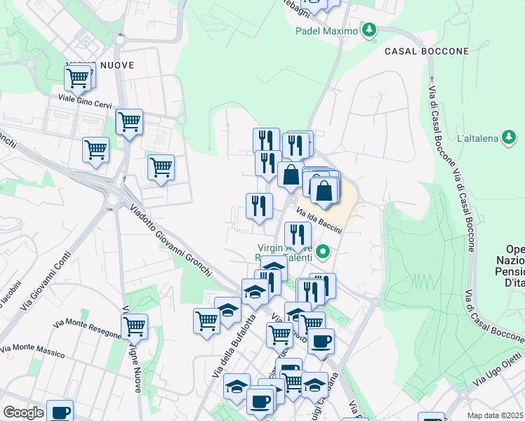 map of restaurants, bars, coffee shops, grocery stores, and more near 22 Via Giulio Antamoro in Roma