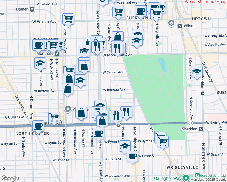 map of restaurants, bars, coffee shops, grocery stores, and more near 4159 North Greenview Avenue in Chicago