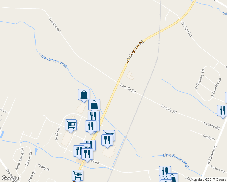 map of restaurants, bars, coffee shops, grocery stores, and more near 2591 North Telegraph Road in Monroe