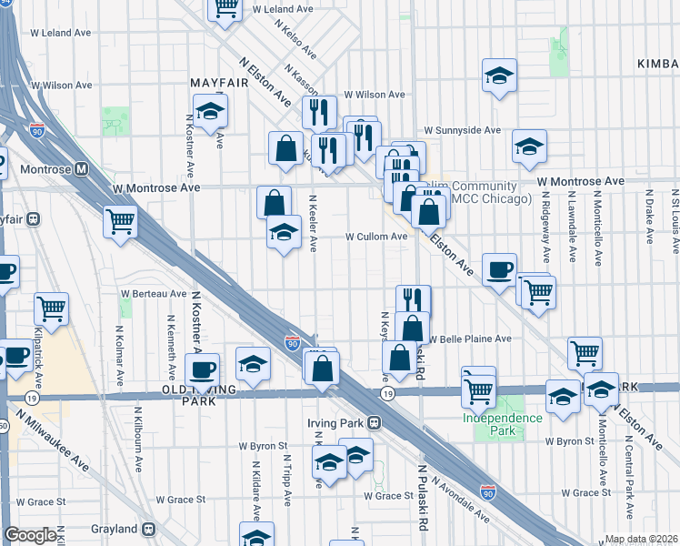map of restaurants, bars, coffee shops, grocery stores, and more near 4221 North Keeler Avenue in Chicago