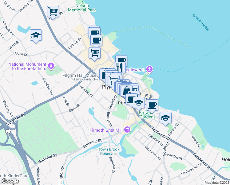 map of restaurants, bars, coffee shops, grocery stores, and more near 33 Court Street in Plymouth