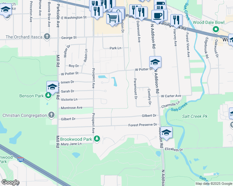 map of restaurants, bars, coffee shops, grocery stores, and more near 481 Jeanne Court in Wood Dale