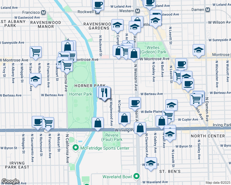 map of restaurants, bars, coffee shops, grocery stores, and more near 2476 West Berteau Avenue in Chicago