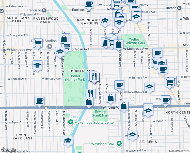 map of restaurants, bars, coffee shops, grocery stores, and more near 2530 West Berteau Avenue in Chicago