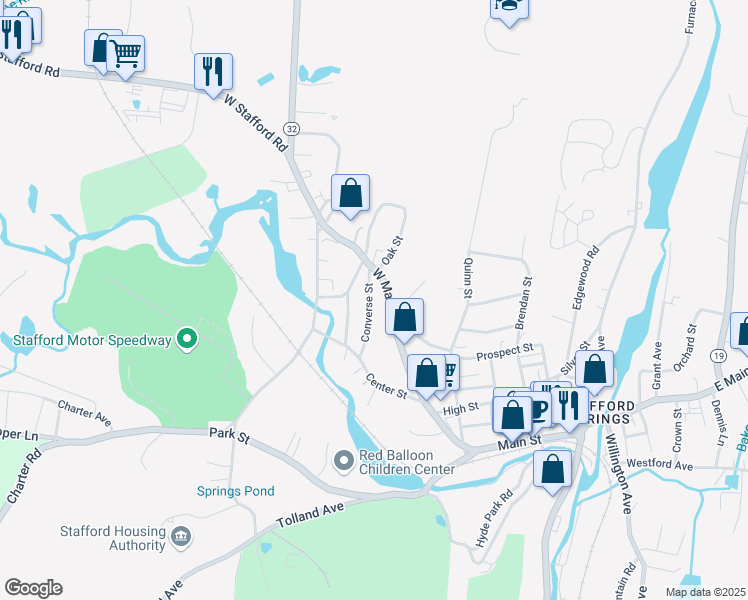 map of restaurants, bars, coffee shops, grocery stores, and more near 18 Converse Street in Stafford