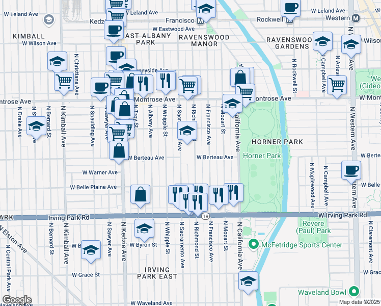 map of restaurants, bars, coffee shops, grocery stores, and more near 4220 North Richmond Street in Chicago