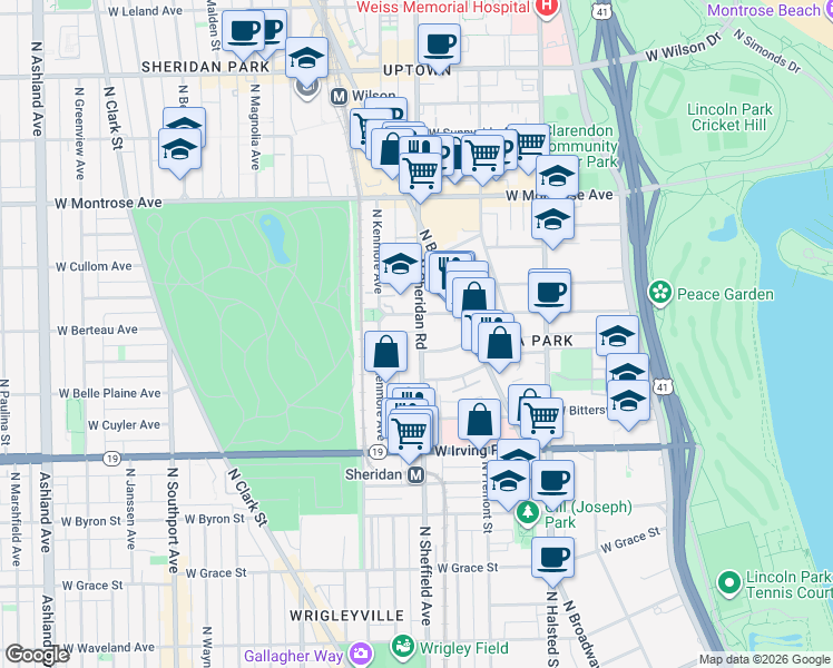 map of restaurants, bars, coffee shops, grocery stores, and more near 4144 North Sheridan Road in Chicago