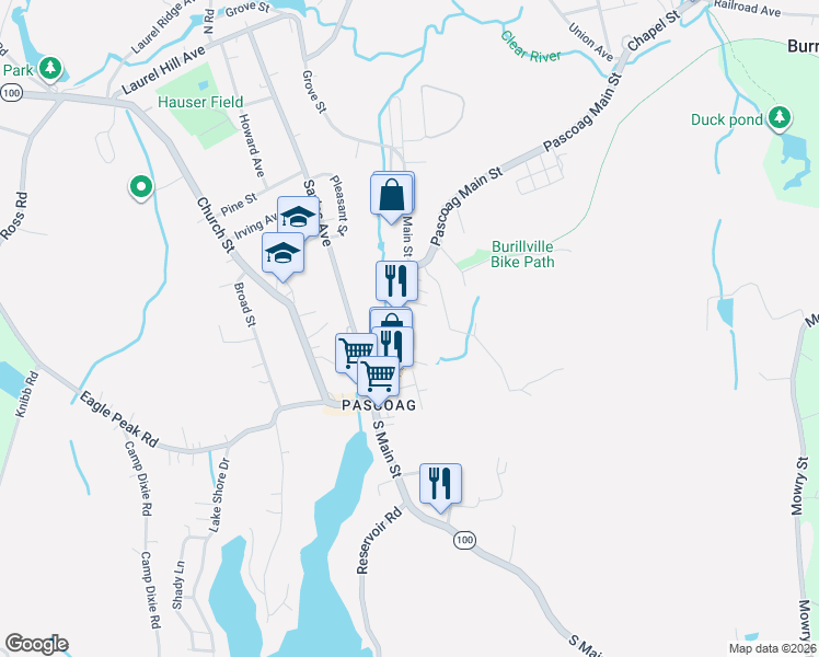 map of restaurants, bars, coffee shops, grocery stores, and more near 145 Pascoag Main Street in Burrillville
