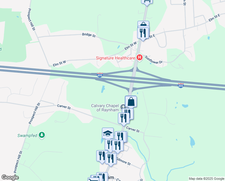 map of restaurants, bars, coffee shops, grocery stores, and more near 1084 Broadway in Raynham