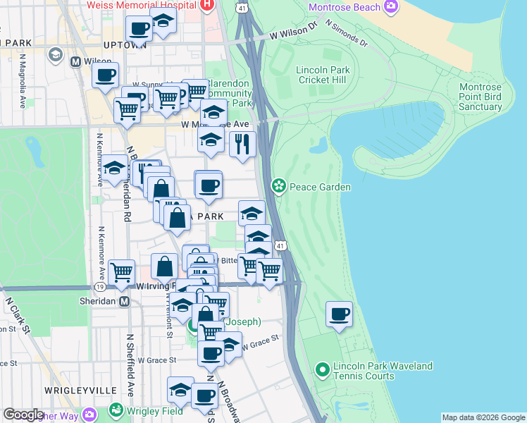 map of restaurants, bars, coffee shops, grocery stores, and more near N Marine Dr & W Gordon Terrace in Chicago