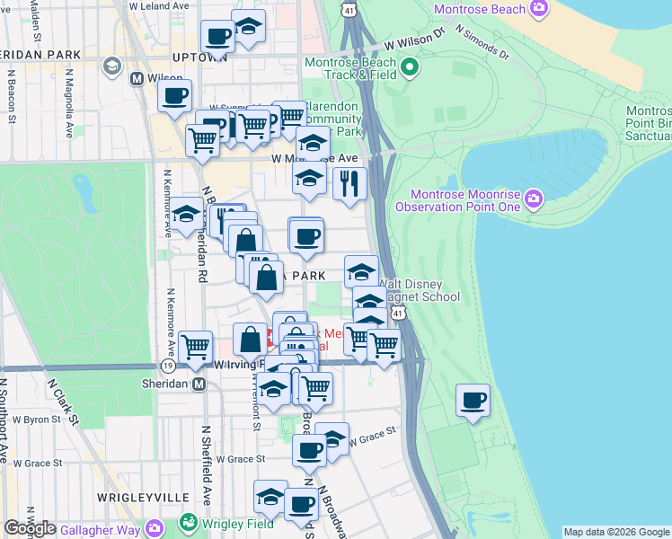 map of restaurants, bars, coffee shops, grocery stores, and more near 716 West Gordon Terrace in Chicago