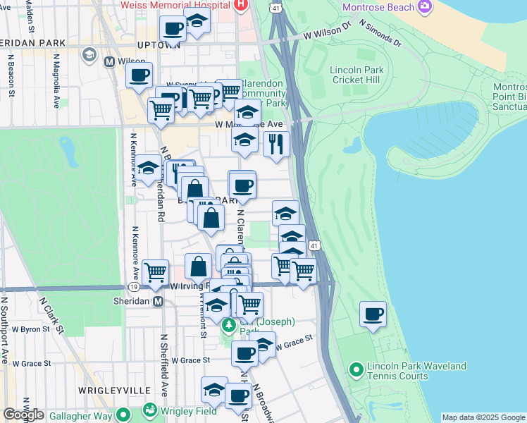 map of restaurants, bars, coffee shops, grocery stores, and more near 716 West Gordon Terrace in Chicago