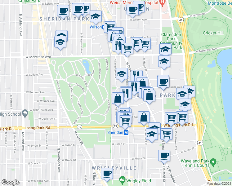 map of restaurants, bars, coffee shops, grocery stores, and more near in Chicago