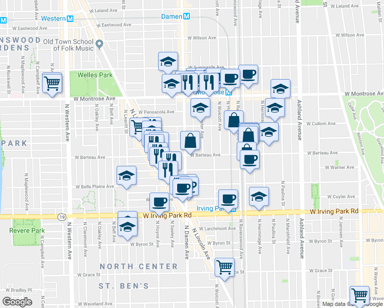 map of restaurants, bars, coffee shops, grocery stores, and more near 1926 West Berteau Avenue in Chicago