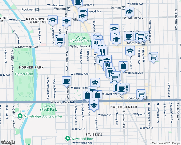 map of restaurants, bars, coffee shops, grocery stores, and more near 4208 North Leavitt Street in Chicago