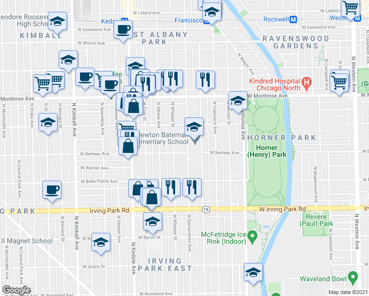 map of restaurants, bars, coffee shops, grocery stores, and more near 4210 North Sacramento Avenue in Chicago