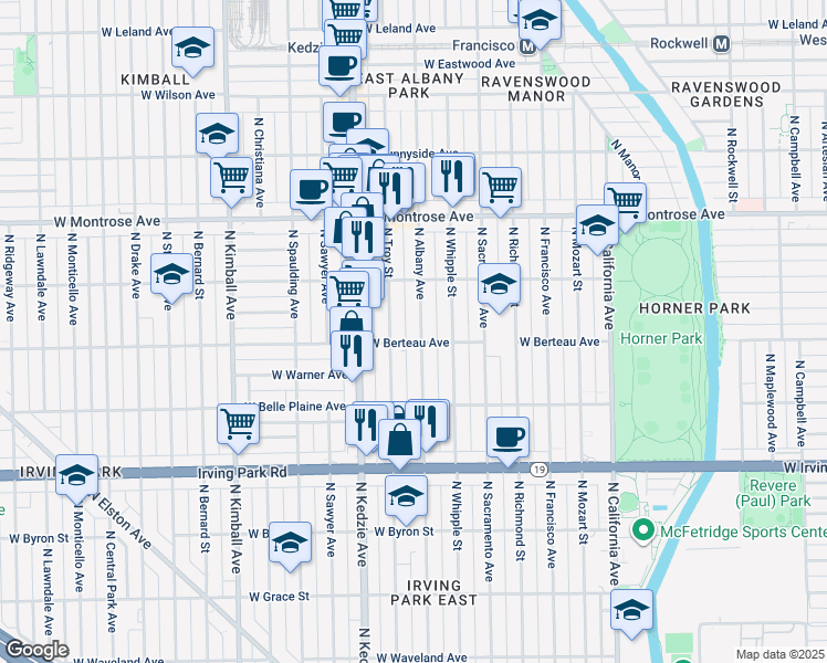 map of restaurants, bars, coffee shops, grocery stores, and more near 4211 North Troy Street in Chicago